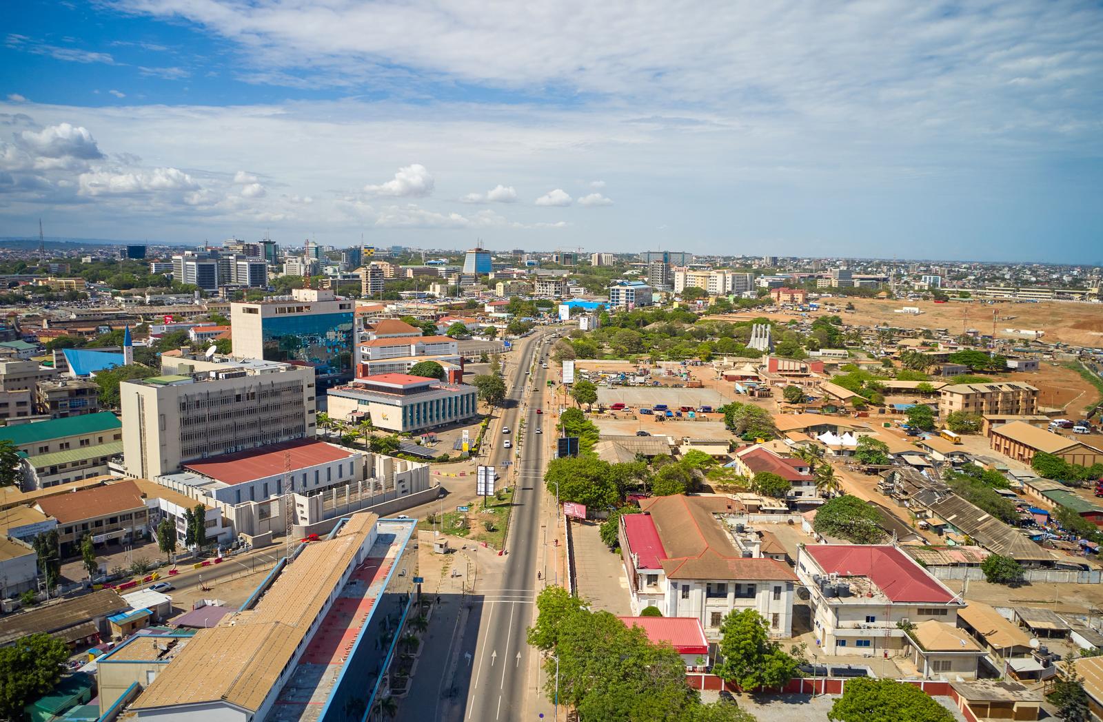 Speed limiter Ghana fleets: aerial view of traffic and buildings in central Accra