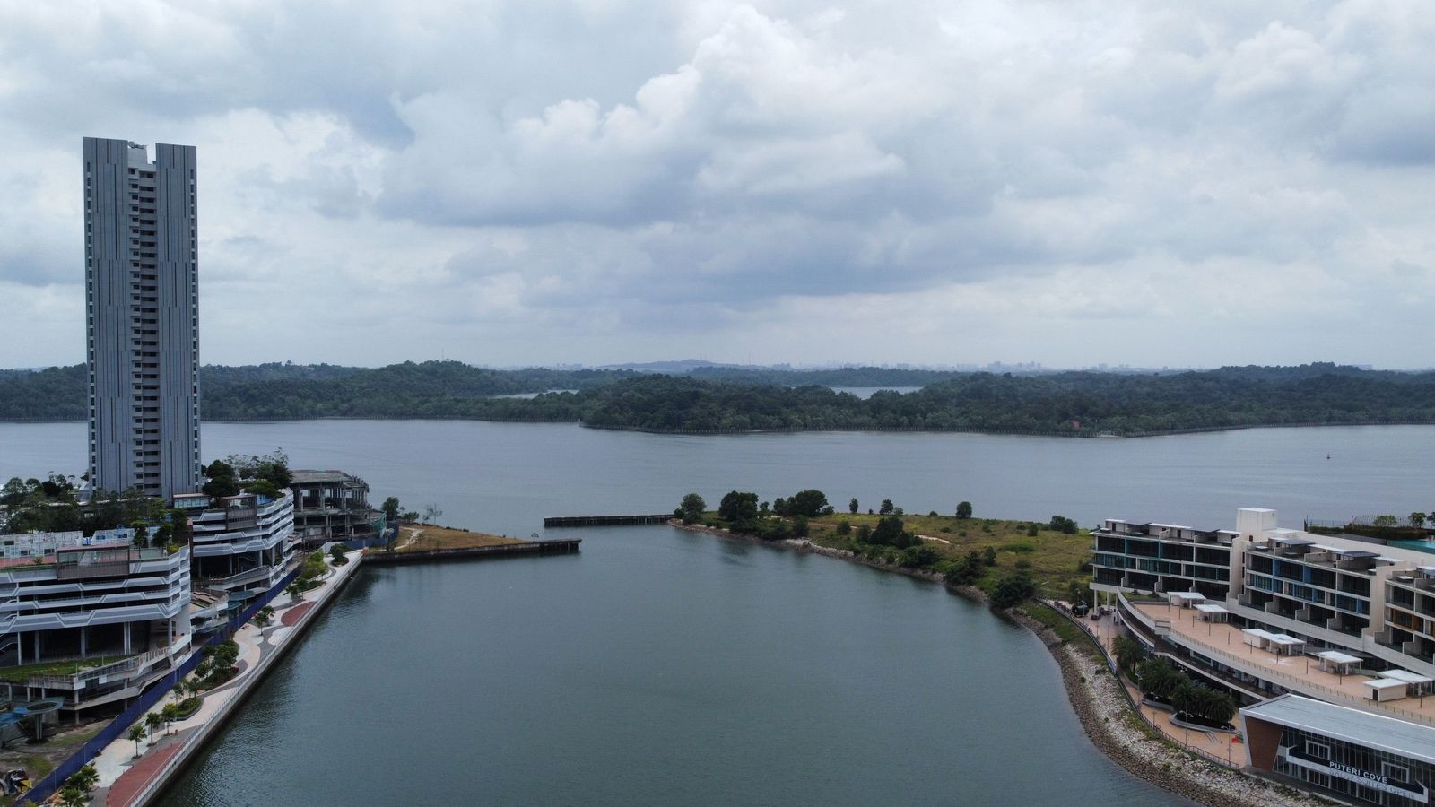Puteri Harbour in Iskandar Puteri looking across the Strait of Johor to Singapore, the cross-border corridor for Johor Bahru JPJ speed limiter fleets