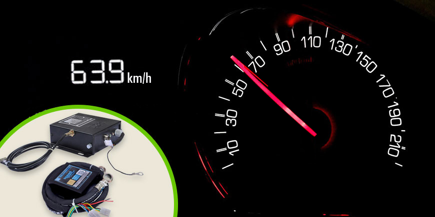 Digital speedometer reading 63.9 km/h beside a speed limiter device and its wiring
