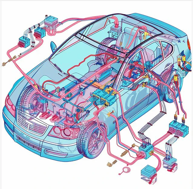 Cutaway illustration of a car showing its wiring and electronic control units